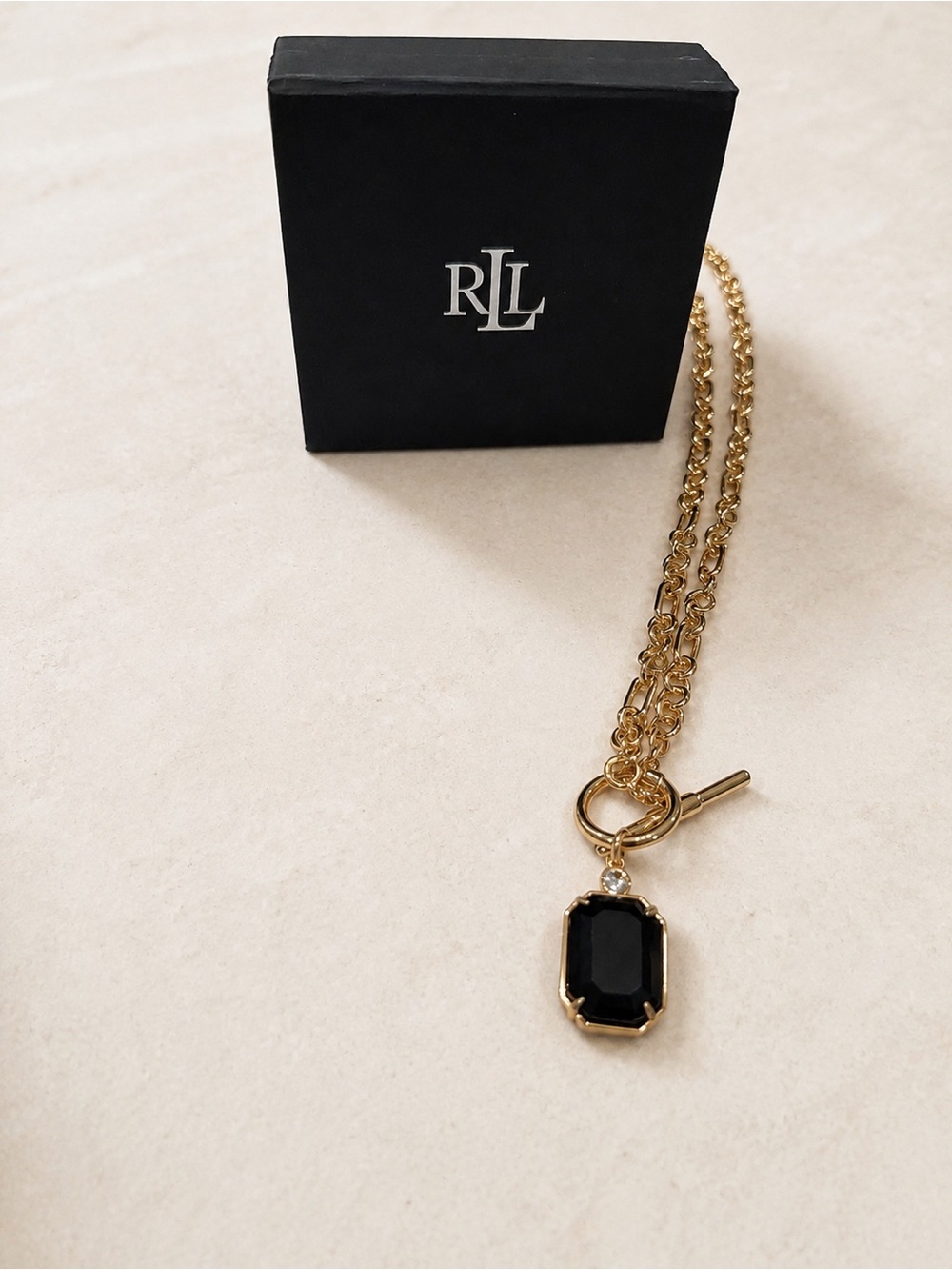 17” Ralph Lauren Gold Chain Necklace with Black Pendant
